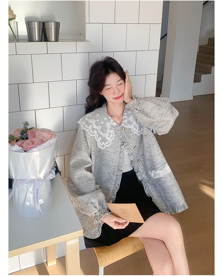 Peter Pan Collar Lace Panel Frill Trim Button-Up Jacket