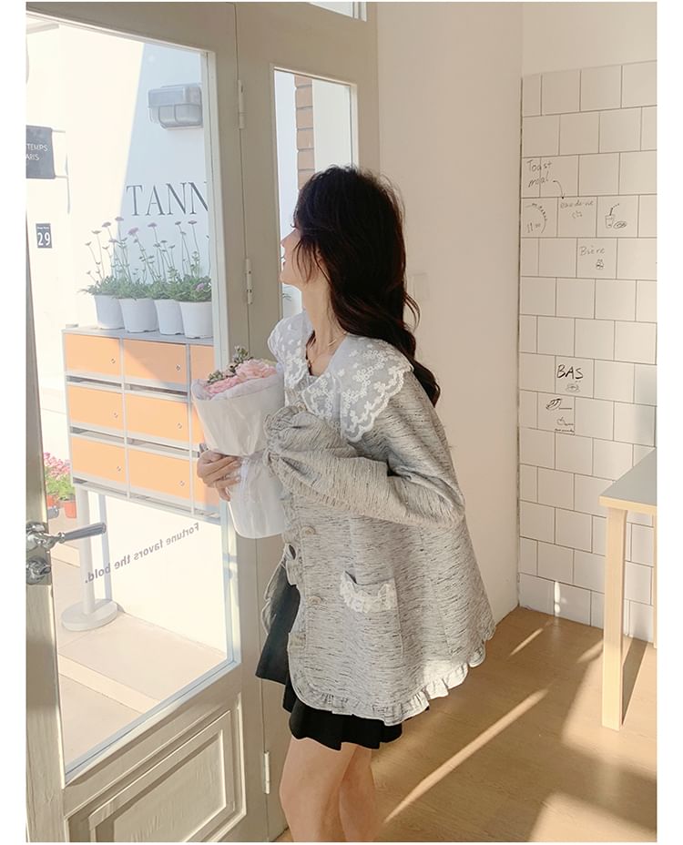 Peter Pan Collar Lace Panel Frill Trim Button-Up Jacket