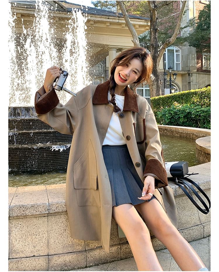 Collared Two Tone Corduroy Panel Button-Up Long Coat