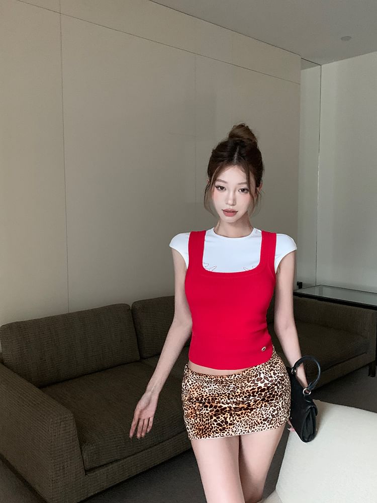 Square Tank Plain Dog Leopard Top Low Mini Pencil Print Cap Round Knit Skirt Tee Rise / Sleeve Neck