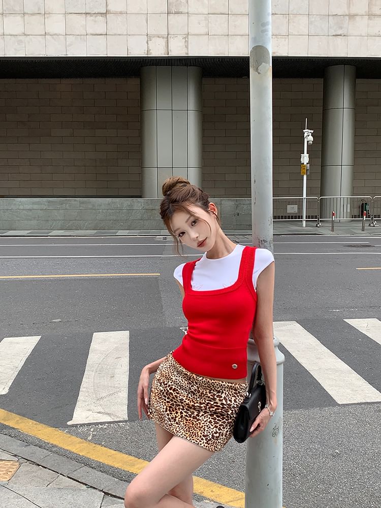 Square Tank Plain Dog Leopard Top Low Mini Pencil Print Cap Round Knit Skirt Tee Rise / Sleeve Neck