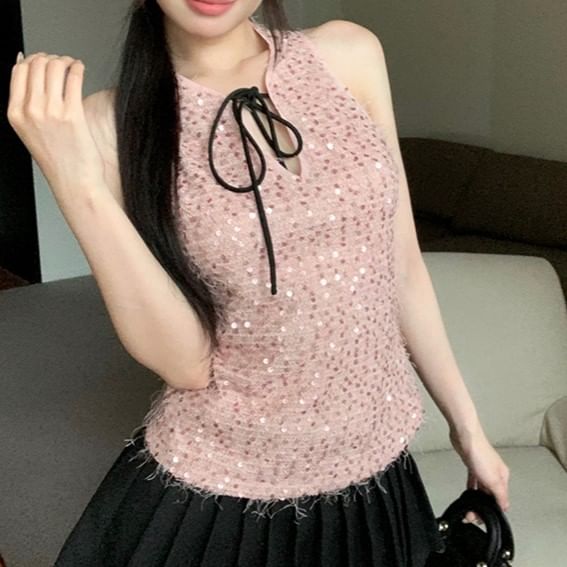 Sequin Tie Neck Sleeveless Top