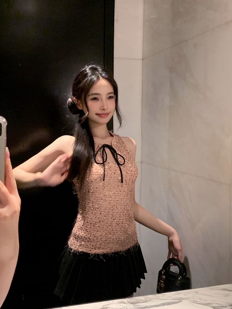 Sequin Tie Neck Sleeveless Top