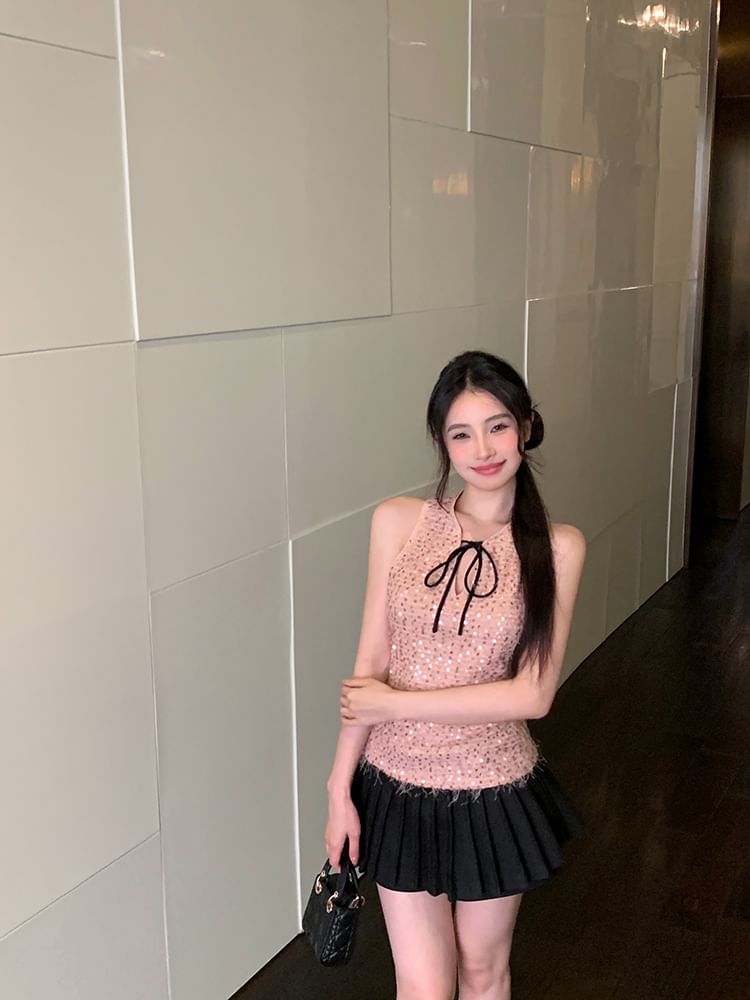 Sequin Tie Neck Sleeveless Top