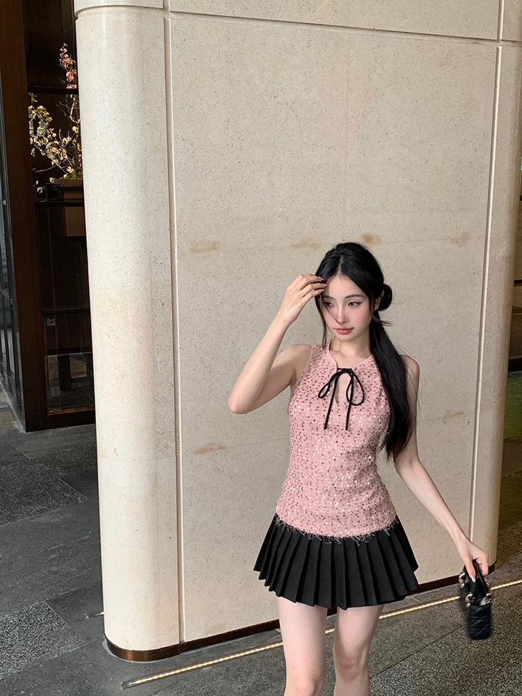 Sequin Tie Neck Sleeveless Top