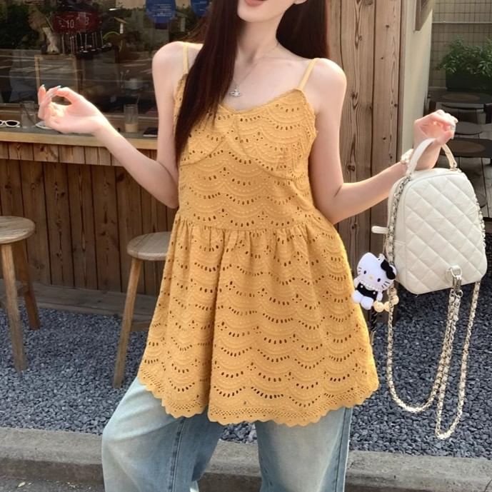 Embroidered Dress Plain Spaghetti Mini A-Line Eyelet Strap