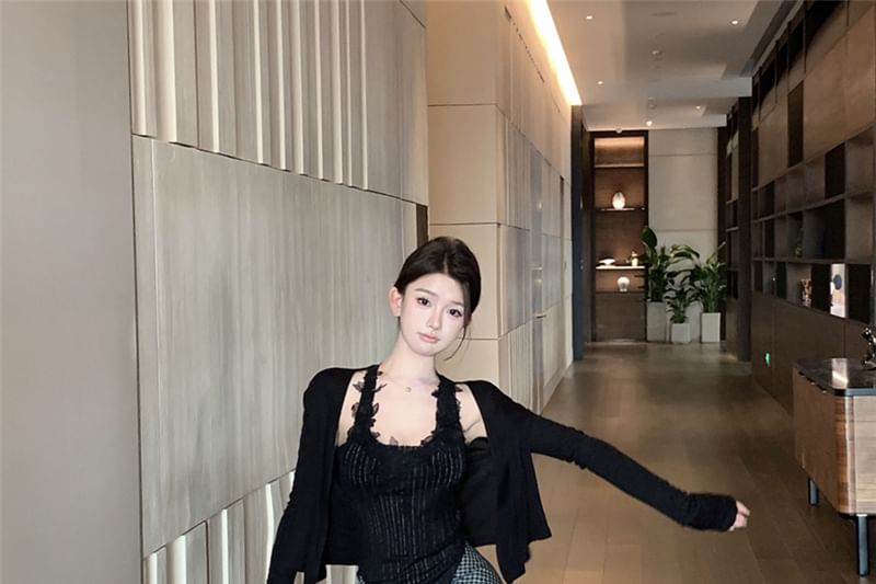 Lace Panel Pinstriped Tank Cardigan Skirt Pencil Neck / Top Plain High Plaid Waist Scoop Tie-Up Maxi