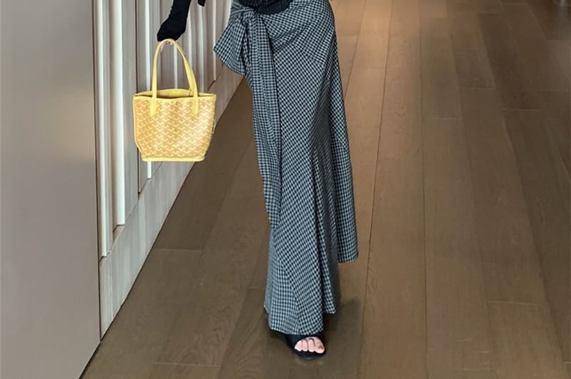 Lace Panel Pinstriped Tank Cardigan Skirt Pencil Neck / Top Plain High Plaid Waist Scoop Tie-Up Maxi