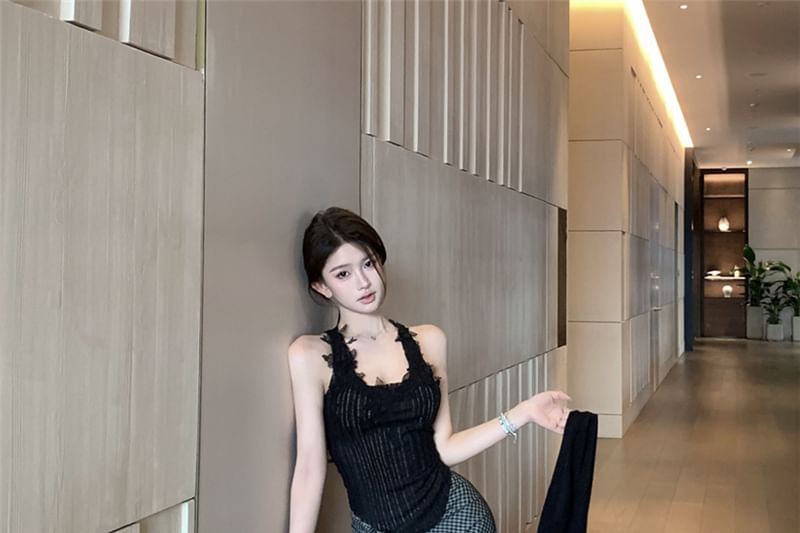 Lace Panel Pinstriped Tank Cardigan Skirt Pencil Neck / Top Plain High Plaid Waist Scoop Tie-Up Maxi