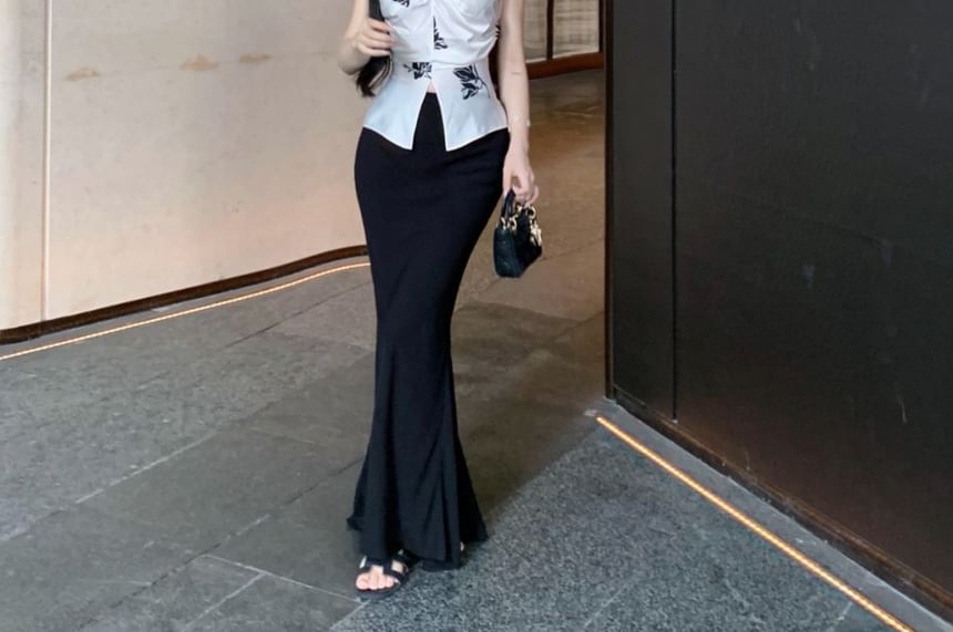 Floral High Plain Cami V-Neck Rise Slit Top Skirt Maxi Pencil / Print