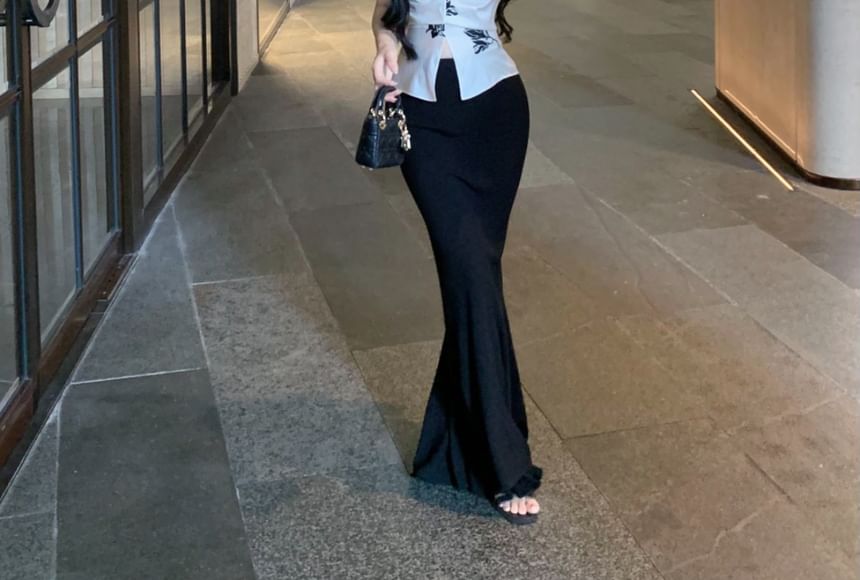 Floral High Plain Cami V-Neck Rise Slit Top Skirt Maxi Pencil / Print