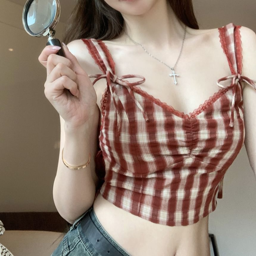 Plaid Top Bow Crop V-Neck Cami
