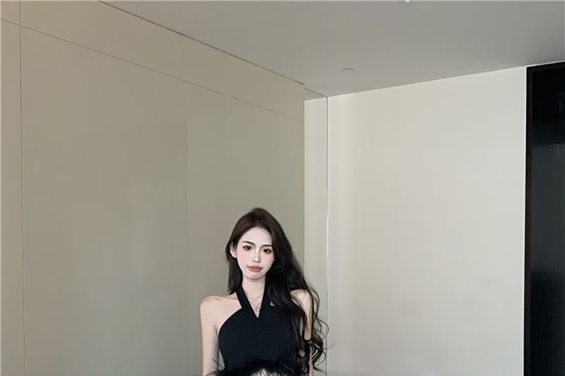 Top High Skirt Maxi Feather Trim Waist A-Line Plain / Crop Pleated Halter