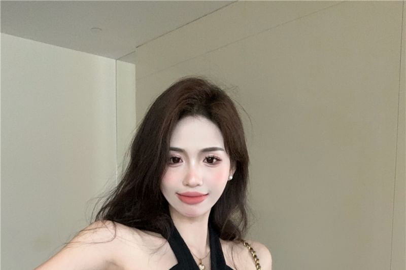 Top High Skirt Maxi Feather Trim Waist A-Line Plain / Crop Pleated Halter