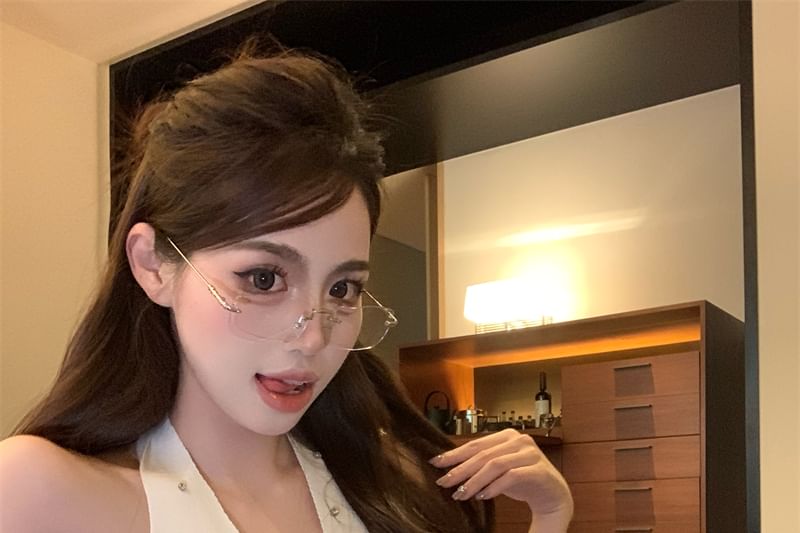 Top Halter V-Neck Plain Rhinestone