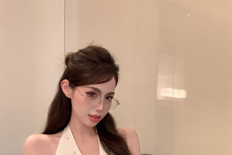 Top Halter V-Neck Plain Rhinestone