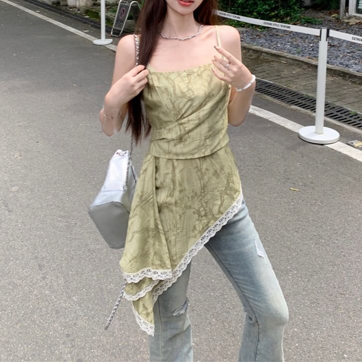 Print Trim Top Patterned Camisole Lace Asymmetrical