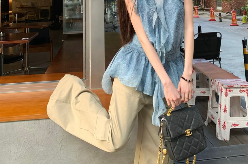 Pants Top Patterned Halter Cargo Ruffle Wide Leg Plain / Print High Waist