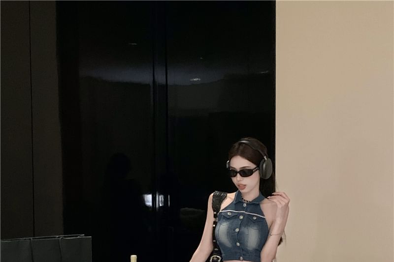 Mini Washed Vest Skirt / Button Pencil Crop Collared Denim Waist High
