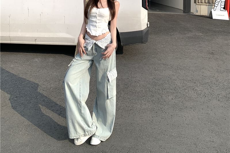 Plain Lace / Panel Jeans Button Washed Wide Cami Mid Top Leg Cargo Waist