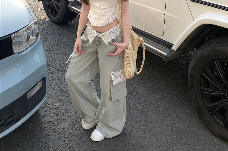 Plain Lace / Panel Jeans Button Washed Wide Cami Mid Top Leg Cargo Waist