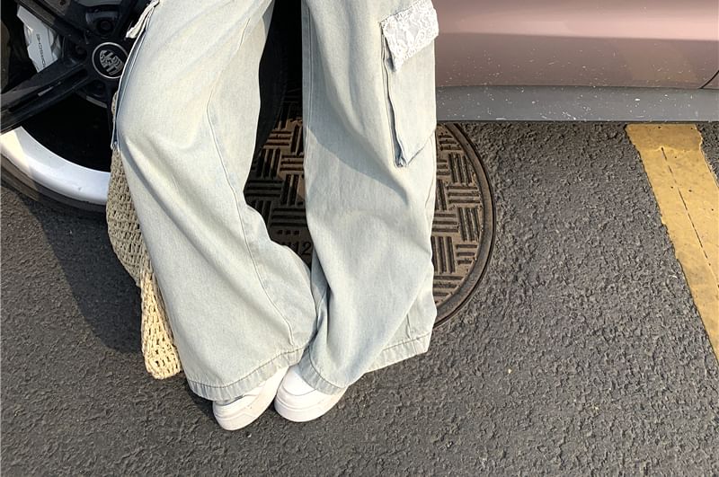 Plain Lace / Panel Jeans Button Washed Wide Cami Mid Top Leg Cargo Waist