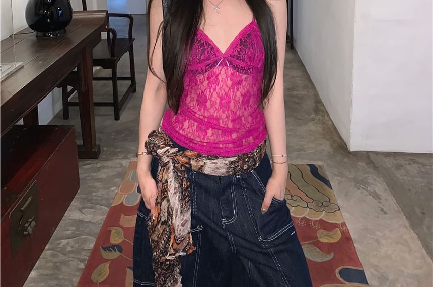 Lace V-Neck Top Camisole Bow Plain