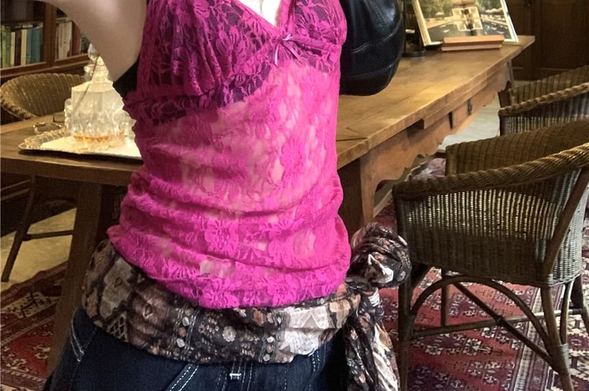 Lace V-Neck Top Camisole Bow Plain