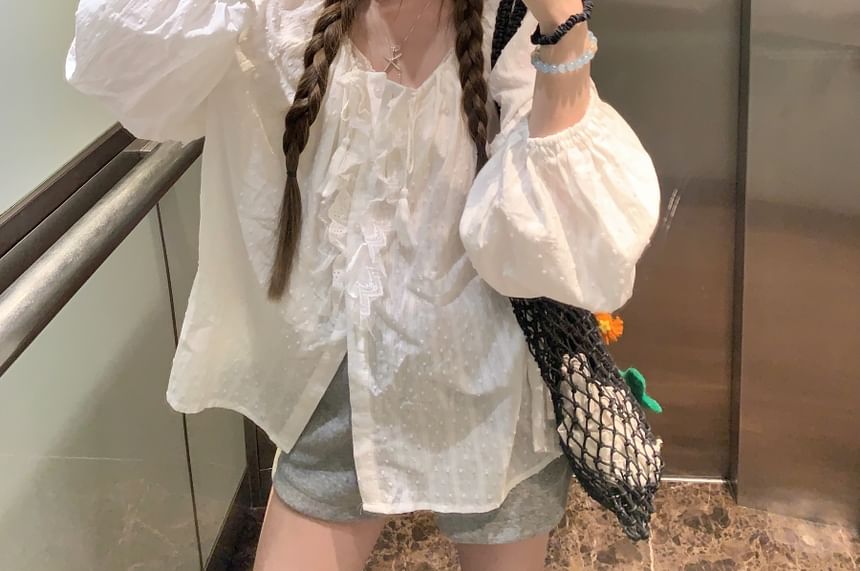 Neck Blouse Plain Long Sleeve Round Ruffle