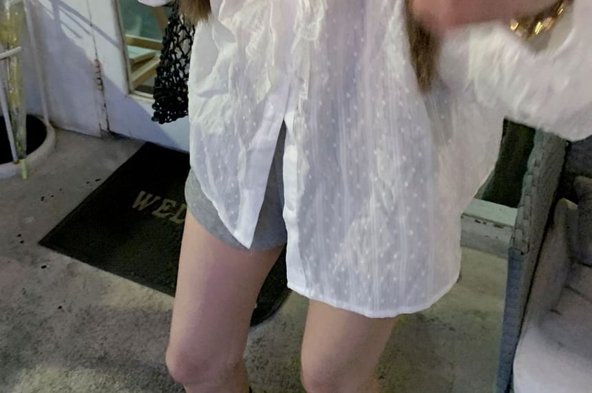 Neck Blouse Plain Long Sleeve Round Ruffle