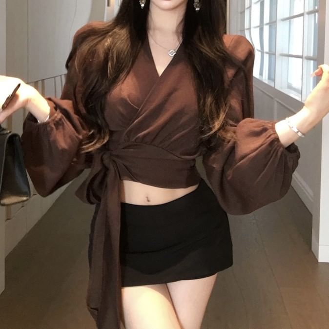 Long Plain Sleeve Wrap Crop V-Neck Blouse