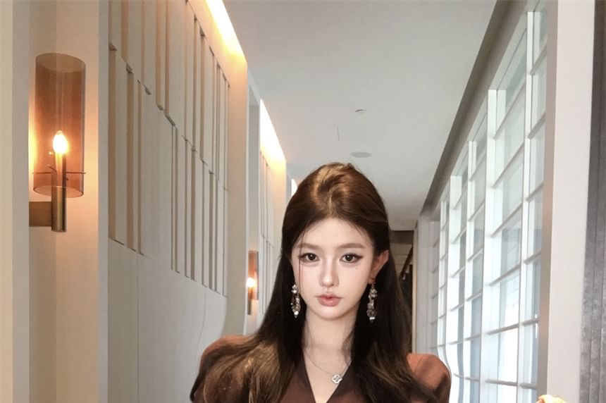 Long Plain Sleeve Wrap Crop V-Neck Blouse