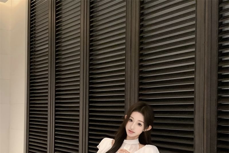 / Bow Ruffle High Sleeve Blouse Cap Rise Neck Plain Fishtail Skirt Mock Panel Maxi