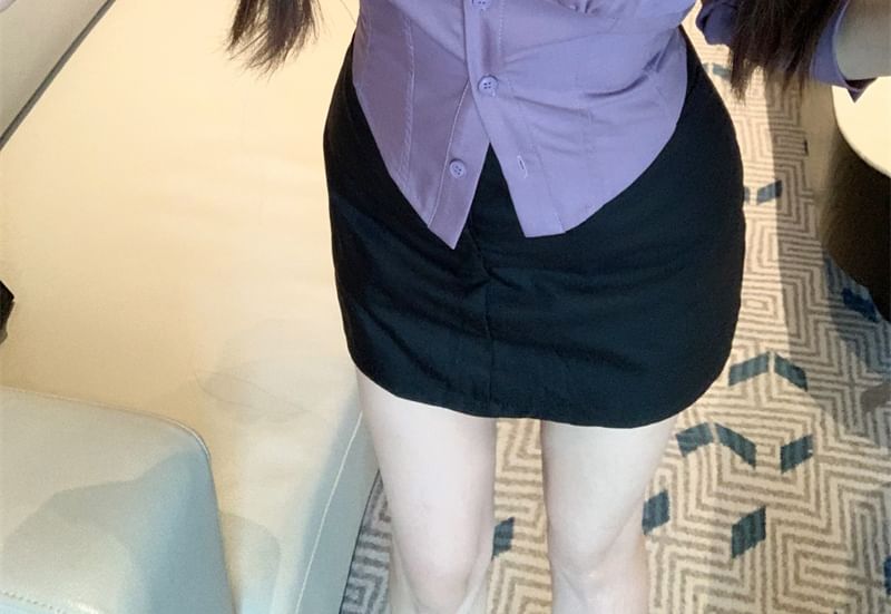 Sleeve Plain 3/4 Shirt Collared