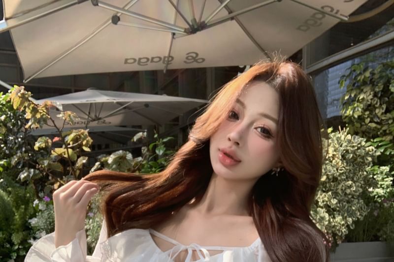 Ruffle Sleeve Plain Front Mini V-Neck Tie Skirt Lace Pencil Blouse Long / Trim