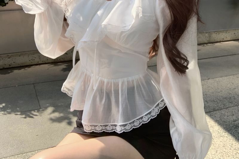 Ruffle Sleeve Plain Front Mini V-Neck Tie Skirt Lace Pencil Blouse Long / Trim