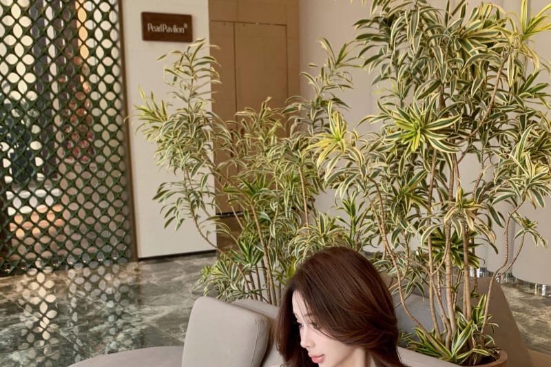 Ruffle Sleeve Plain Front Mini V-Neck Tie Skirt Lace Pencil Blouse Long / Trim