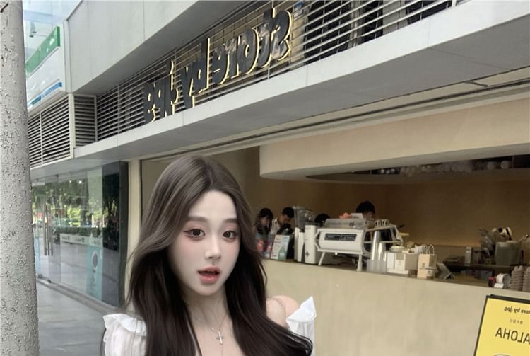 Plain Blouse V-Neck Long Sleeve Bow Ruffle