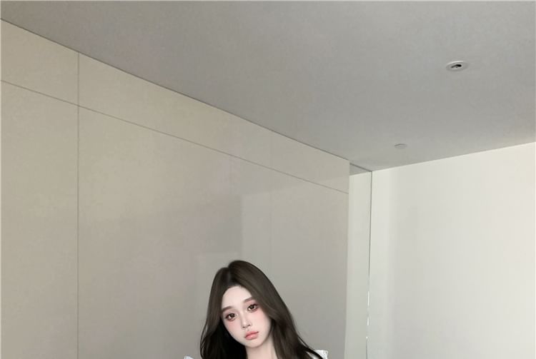 Plain Blouse V-Neck Long Sleeve Bow Ruffle