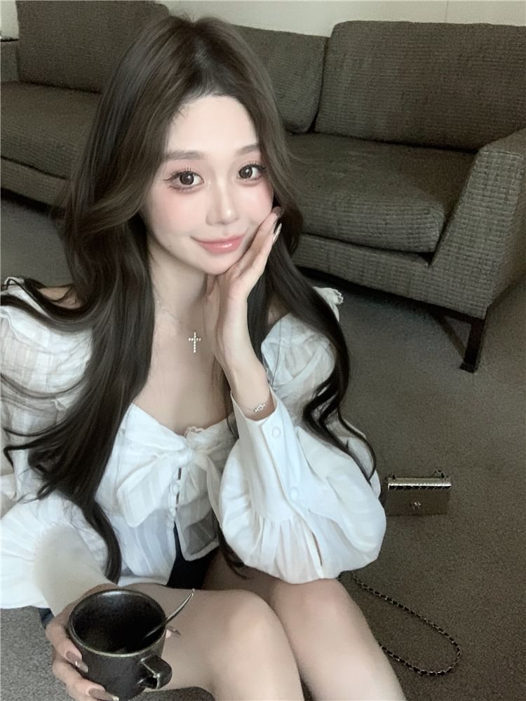 Plain Blouse V-Neck Long Sleeve Bow Ruffle