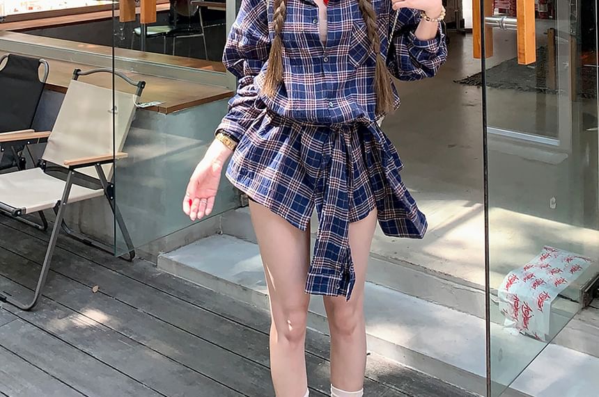 Tie-Up Long Sleeve Plaid Collared Shirt