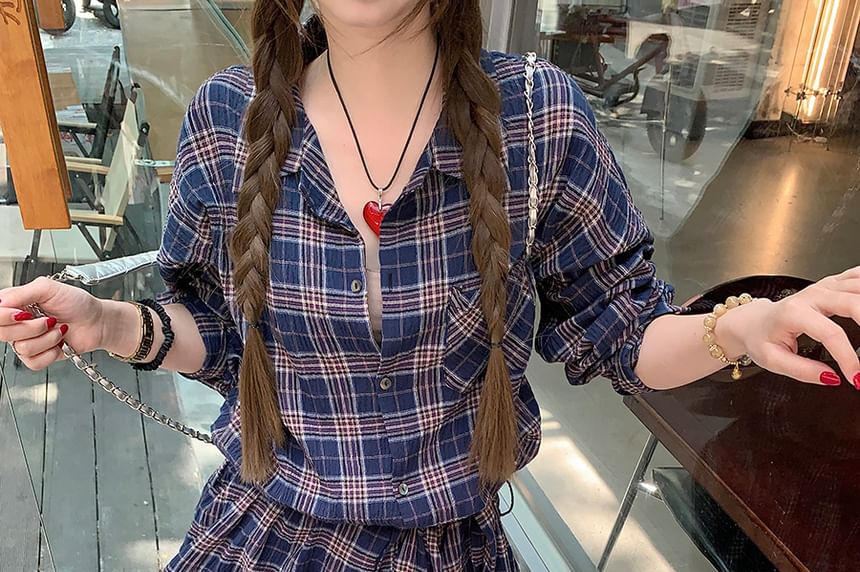 Tie-Up Long Sleeve Plaid Collared Shirt