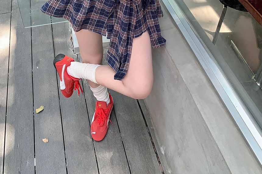 Tie-Up Long Sleeve Plaid Collared Shirt