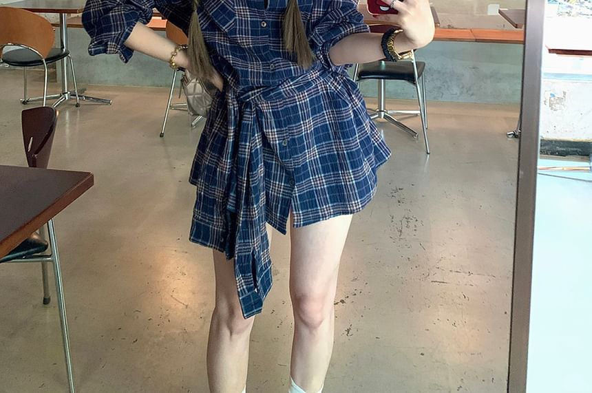 Tie-Up Long Sleeve Plaid Collared Shirt