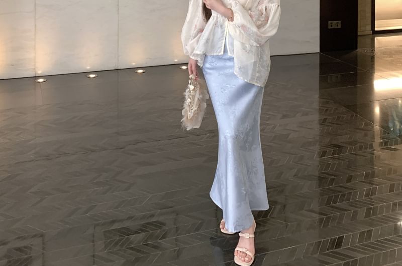 Sleeve Plain Blouse Jacquard Maxi Skirt Fishtail Long Collar / Set Print Floral Camisole Peplum Waist High Stand