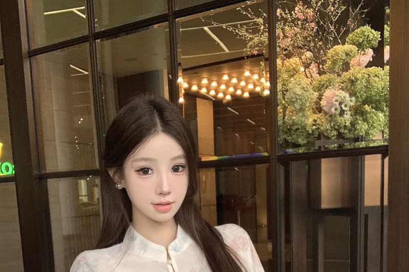 Sleeve Plain Blouse Jacquard Maxi Skirt Fishtail Long Collar / Set Print Floral Camisole Peplum Waist High Stand