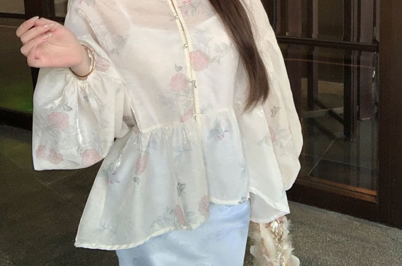 Sleeve Plain Blouse Jacquard Maxi Skirt Fishtail Long Collar / Set Print Floral Camisole Peplum Waist High Stand