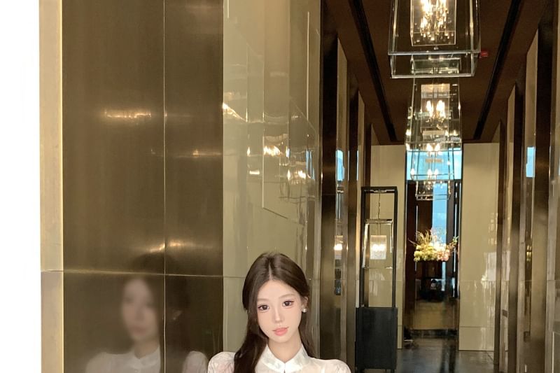 Sleeve Plain Blouse Jacquard Maxi Skirt Fishtail Long Collar / Set Print Floral Camisole Peplum Waist High Stand