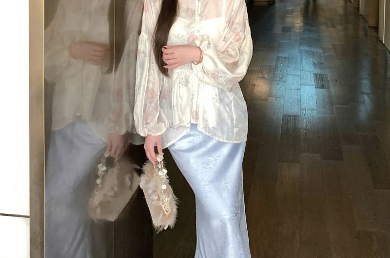 Sleeve Plain Blouse Jacquard Maxi Skirt Fishtail Long Collar / Set Print Floral Camisole Peplum Waist High Stand