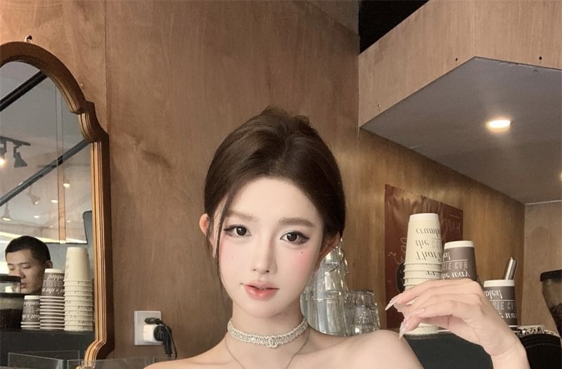 Plain Ruffle Sleeve Short Blouse Off Shoulder